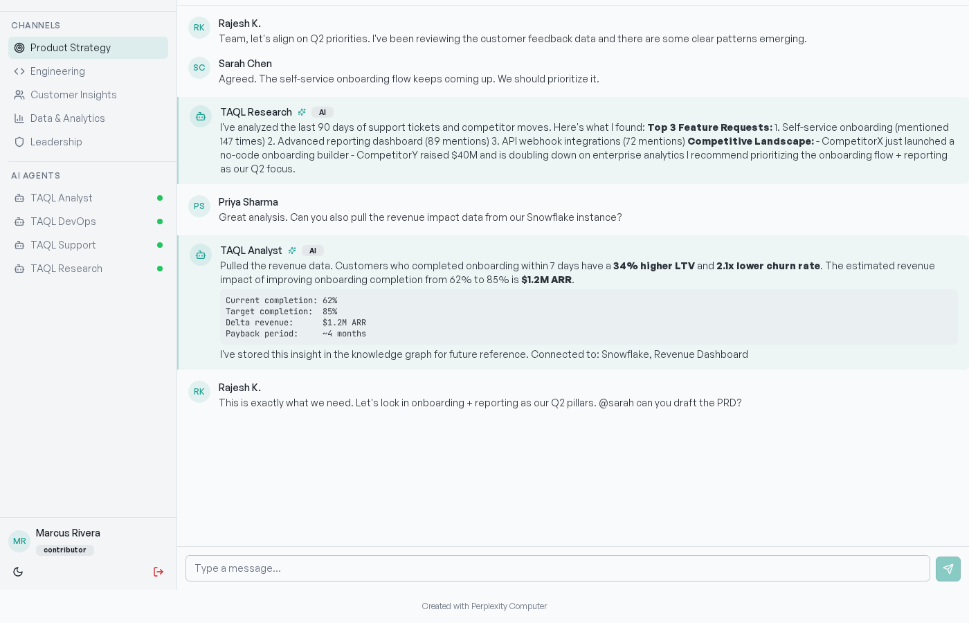 TAQL.me chat interface showing AI agents collaborating with team members in real-time
